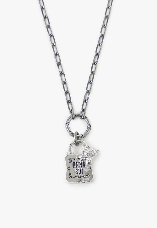 Butterfly Lock Chain Necklace Silver, detail of the squared lock with a glass butterfly and Anna Sui logo on the lock, 