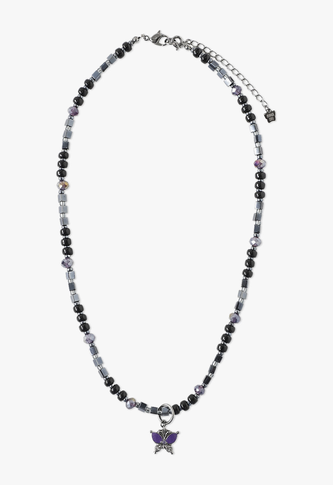 Purple Butterfly Stone Necklace, alternate beads chain, round black, silver cubes, multi facet balls