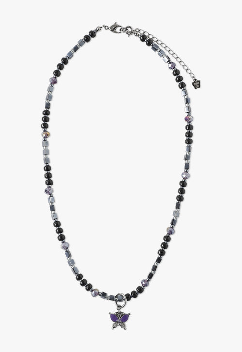 Butterfly Stone Necklace Purple, chain is an alternate of beads, round black, metal silver cubes, multi facet balls