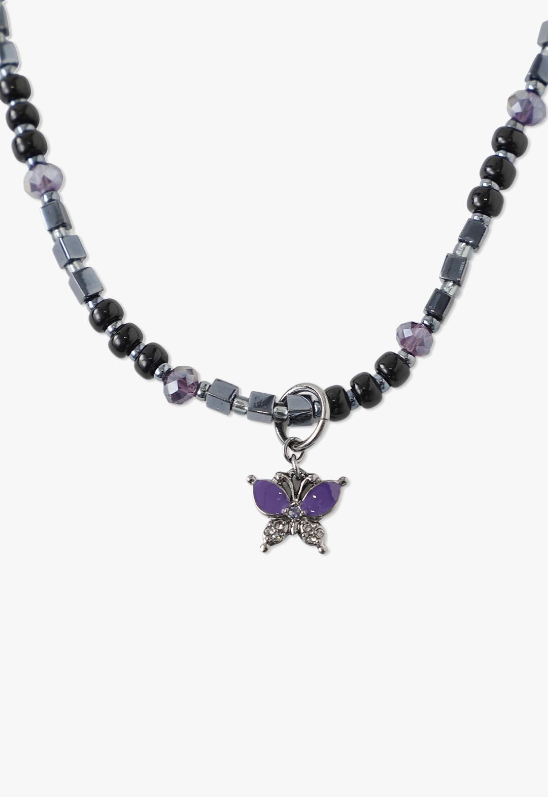 Butterfly Stone Necklace Purple,  Butterfly Stone has purple wing on top  and silver at bottom, silver antennas