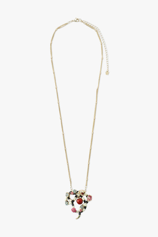 Floral Snake Apple Necklace Gold, black and white snake, golden line in between on golden chain 