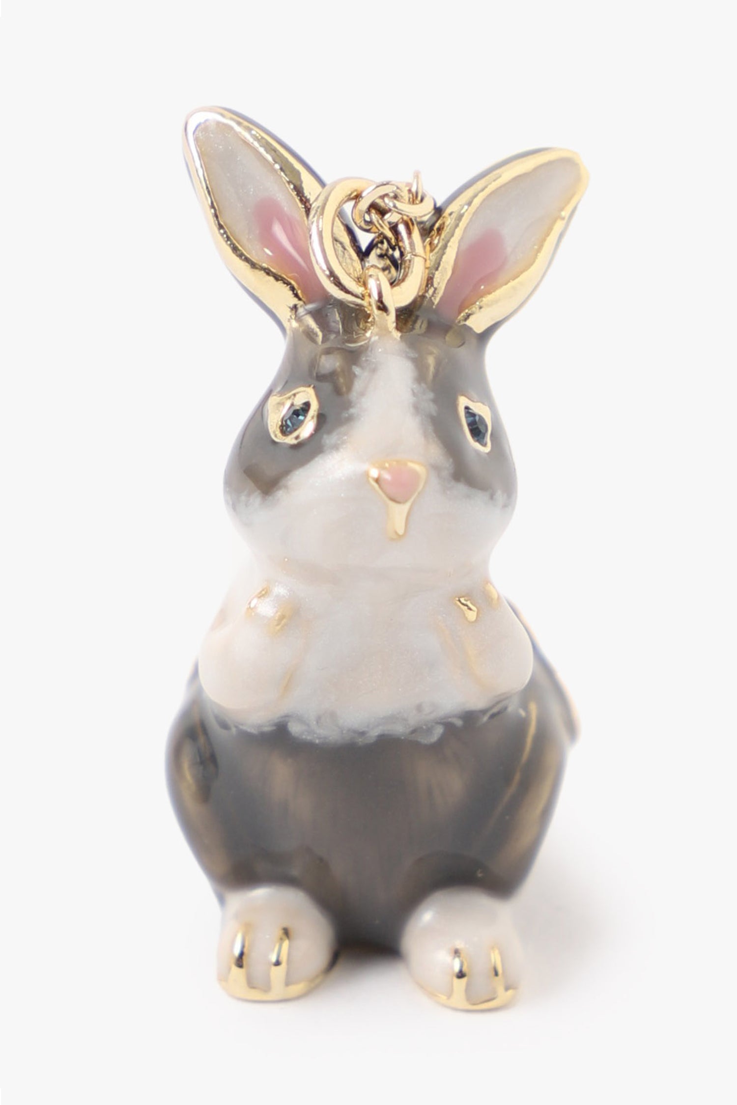 Hue of grey resin Rabbit featuring jeweled red eyes, golden details on ears, nose, head