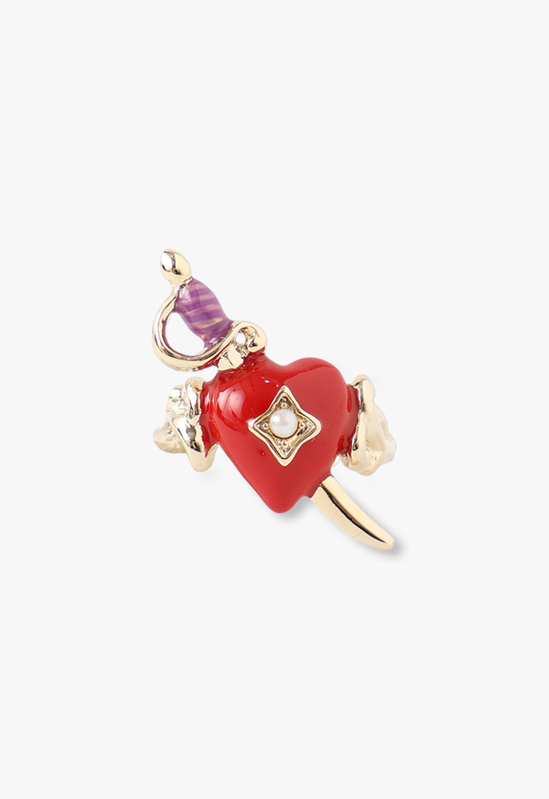 Pirate Heart Ring, golden saber with purple grip, red heart with a pearl in a star golden shape