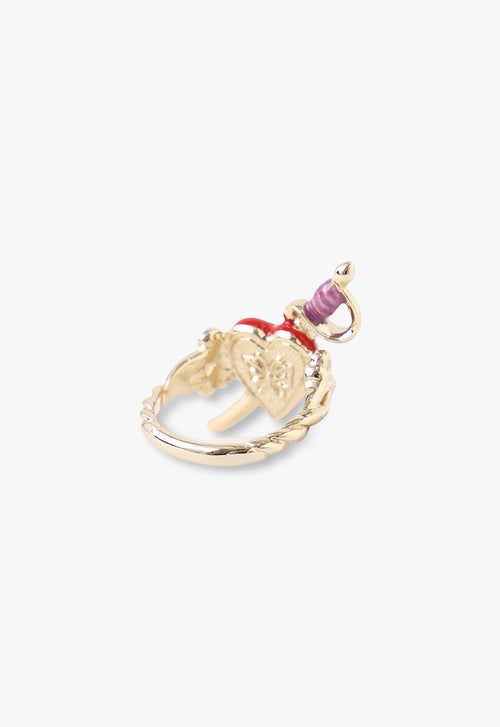 Pirate Heart Ring Red, Metal yellow gold plating, synthetic resin, artificial pearl