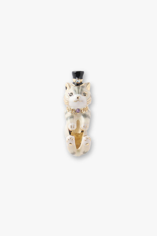 Hatted Cat Ring Gold, the legs form the ring, with golden edges on ears, paws, eyes, collar blue eyes