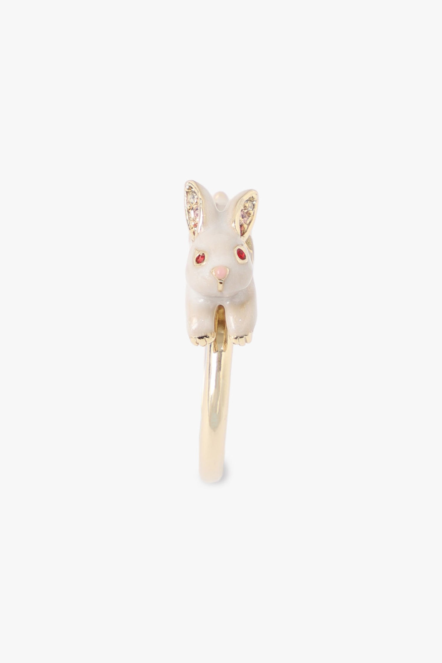 White Rabbit with red eyes, golden on ears, paw, a pink nose, Running on a golden metal ring 