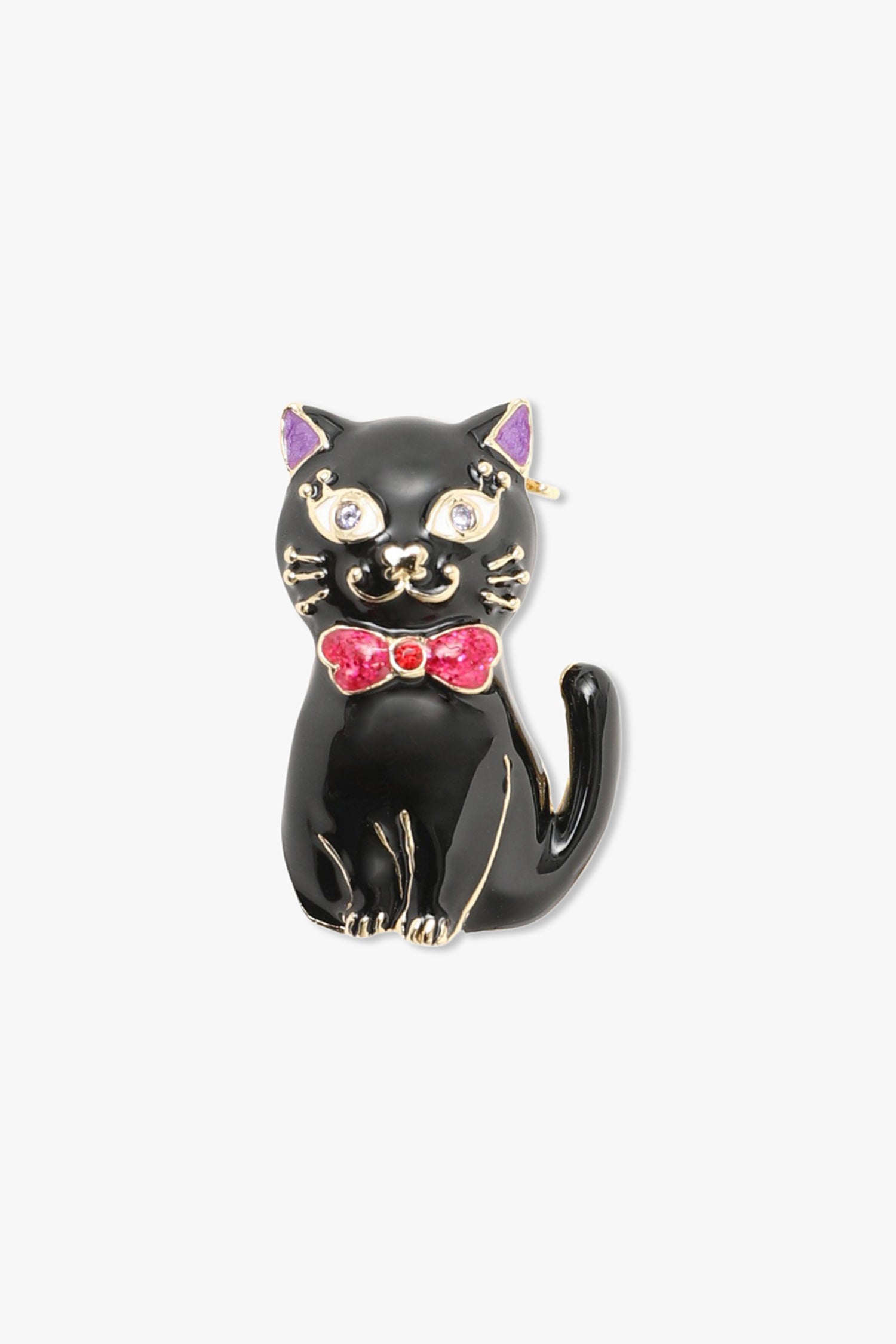 Cat Brooch Black, fat cat with golden edges and a big red knot as a collar, purple ears
