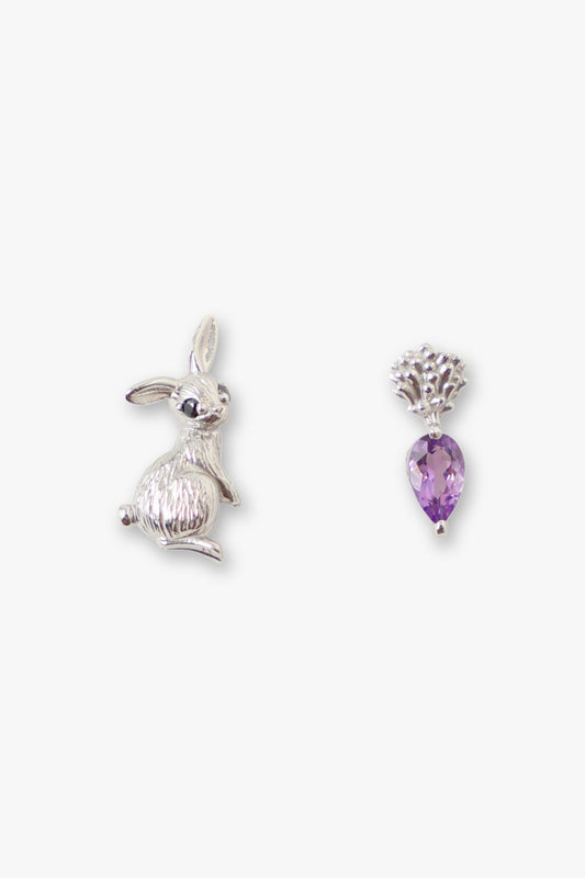 Mismatched Bunny & Carrot Earrings, rabbit in silver  plated, Carrot amethyst, cubic zirconia