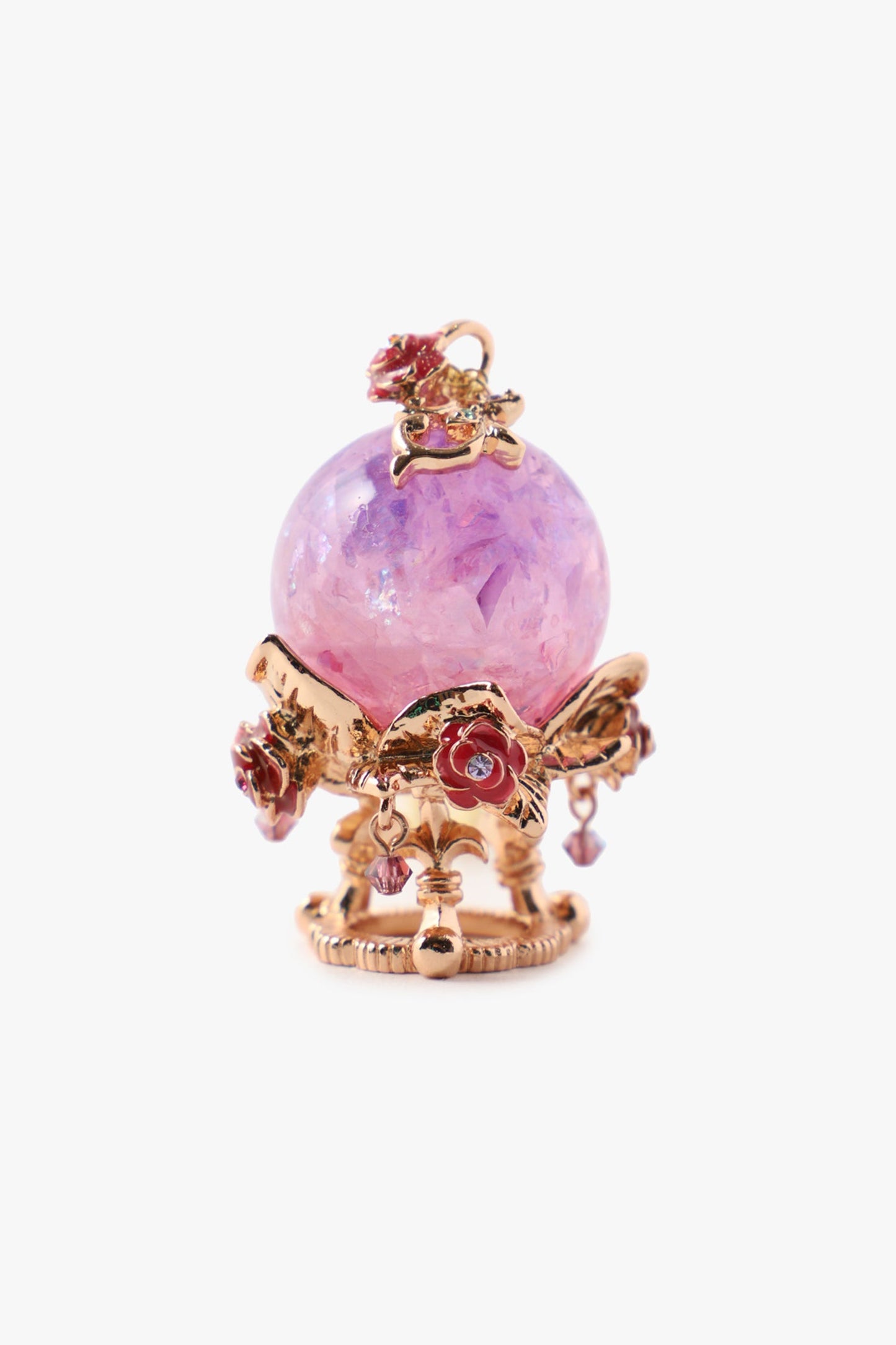 Pendant, Pink crystal ball with silver accents, a golden floral design  support the ball