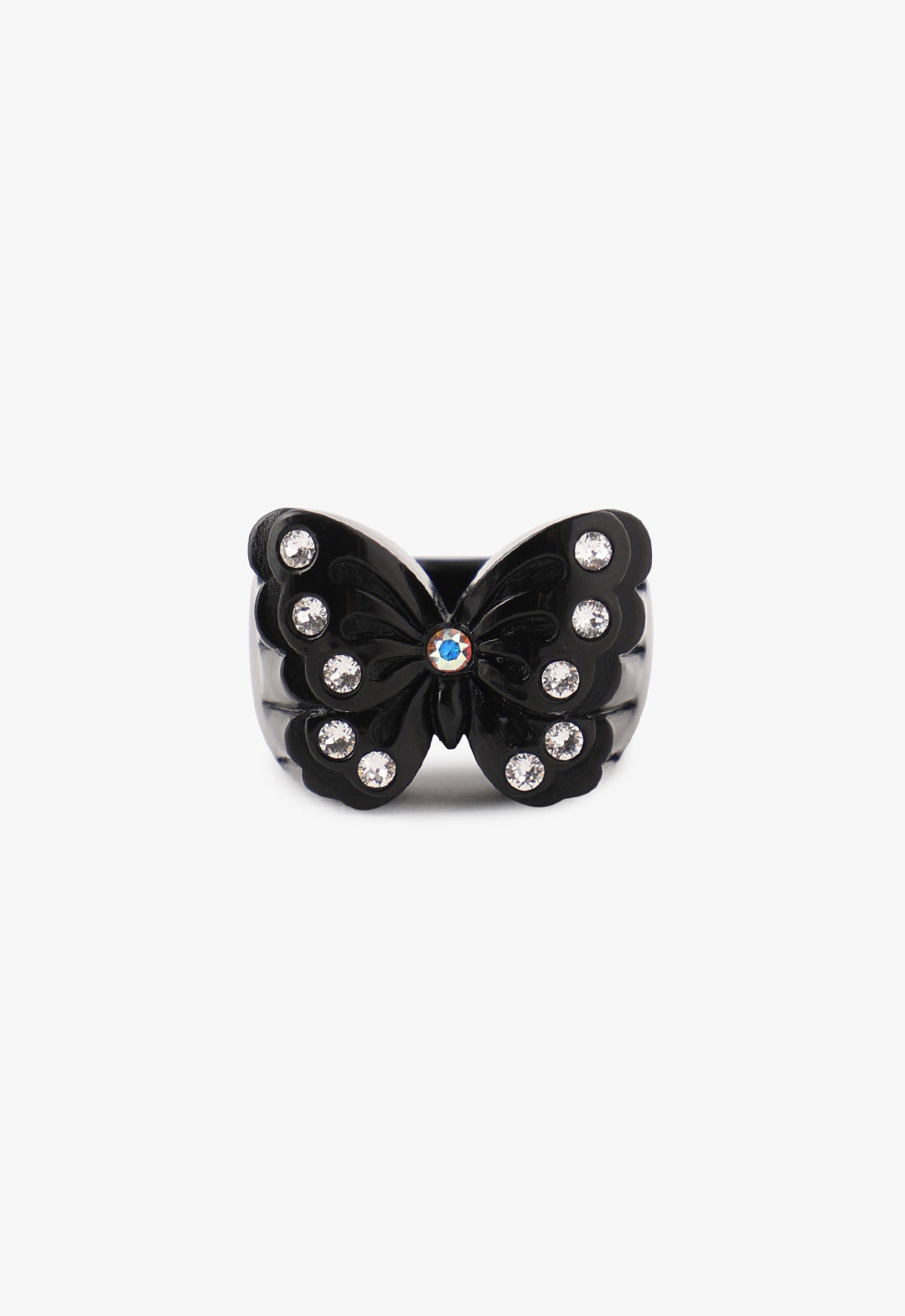 Butterfly Ring Black, 5-gemstones on each wings and as a head