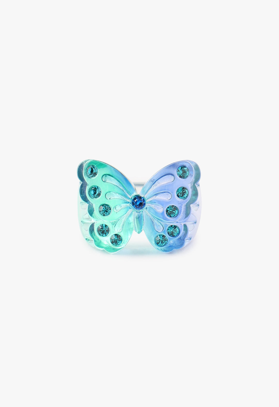 Butterfly Ring Green 5-gemstones diamond like on each wing and blue as a head