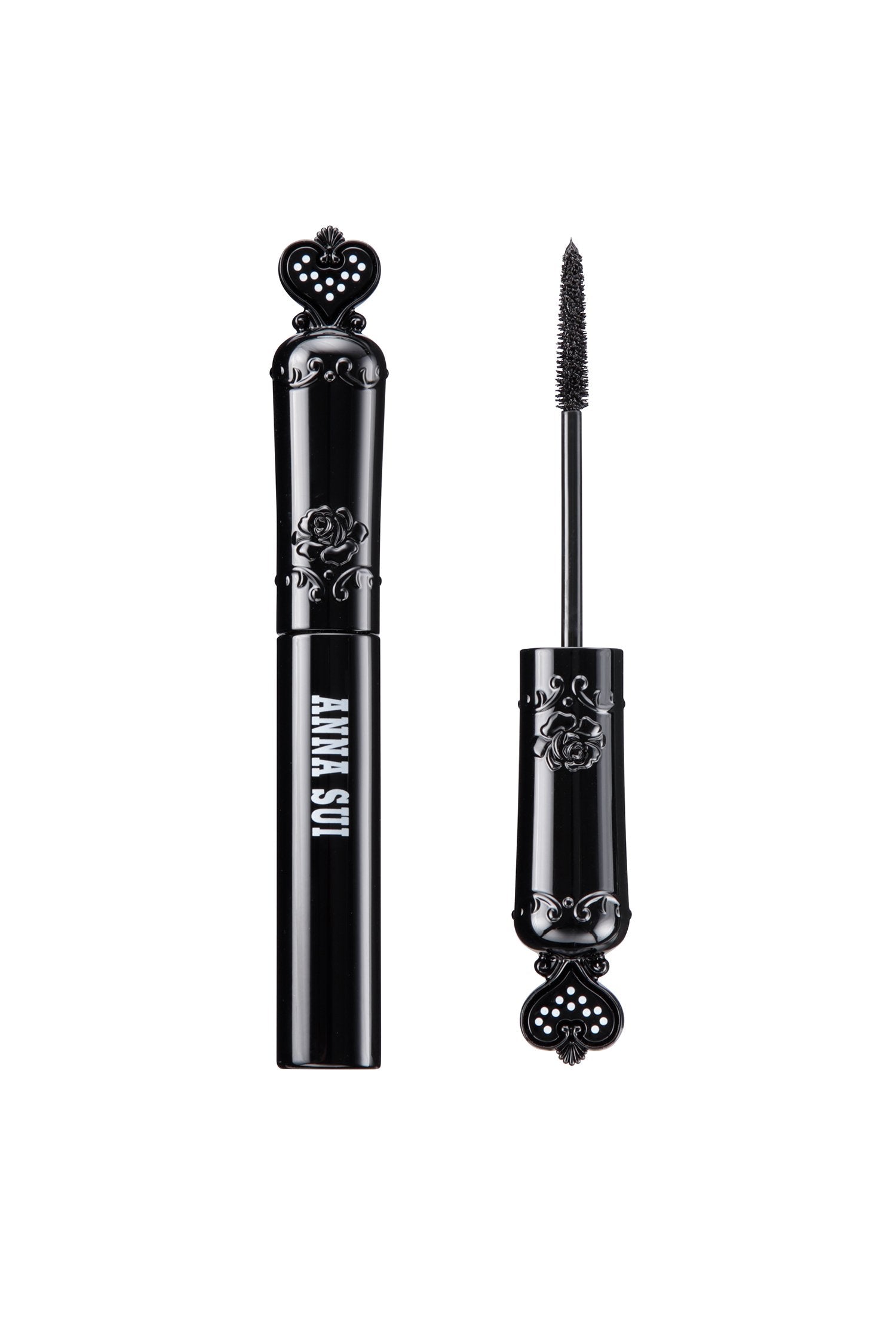 In cylindrical black container with a heart-shaped lid, the mascara features a cone-shaped brush to coat lashes evenly