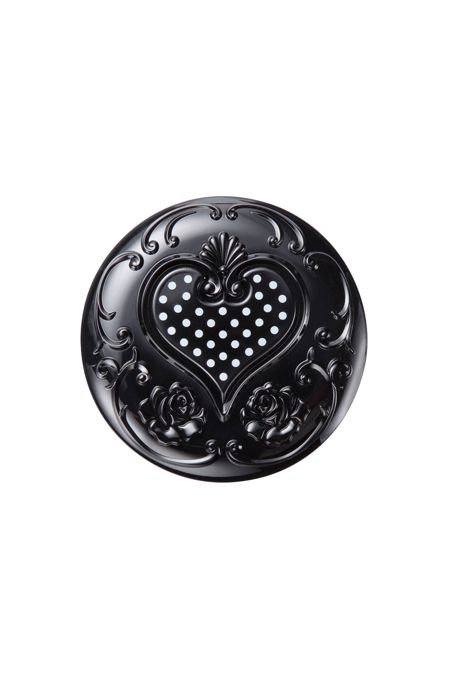 Black rounded lid with an engraved floral design and a heart with white dots
