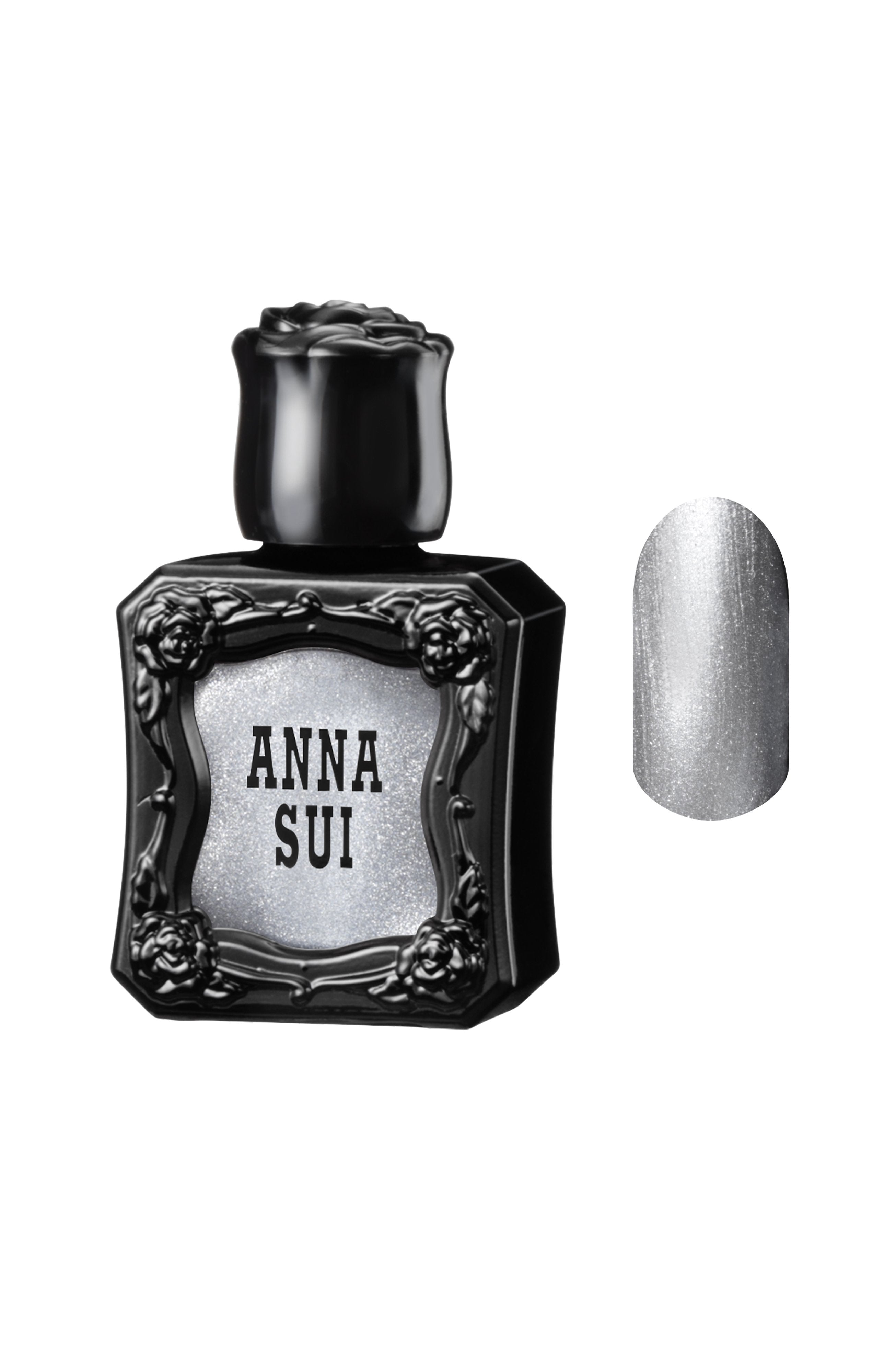 METALLIC SILVER Nail Polish bottles, with raised rose pattern, Anna Sui in black over nail colors in bottle front