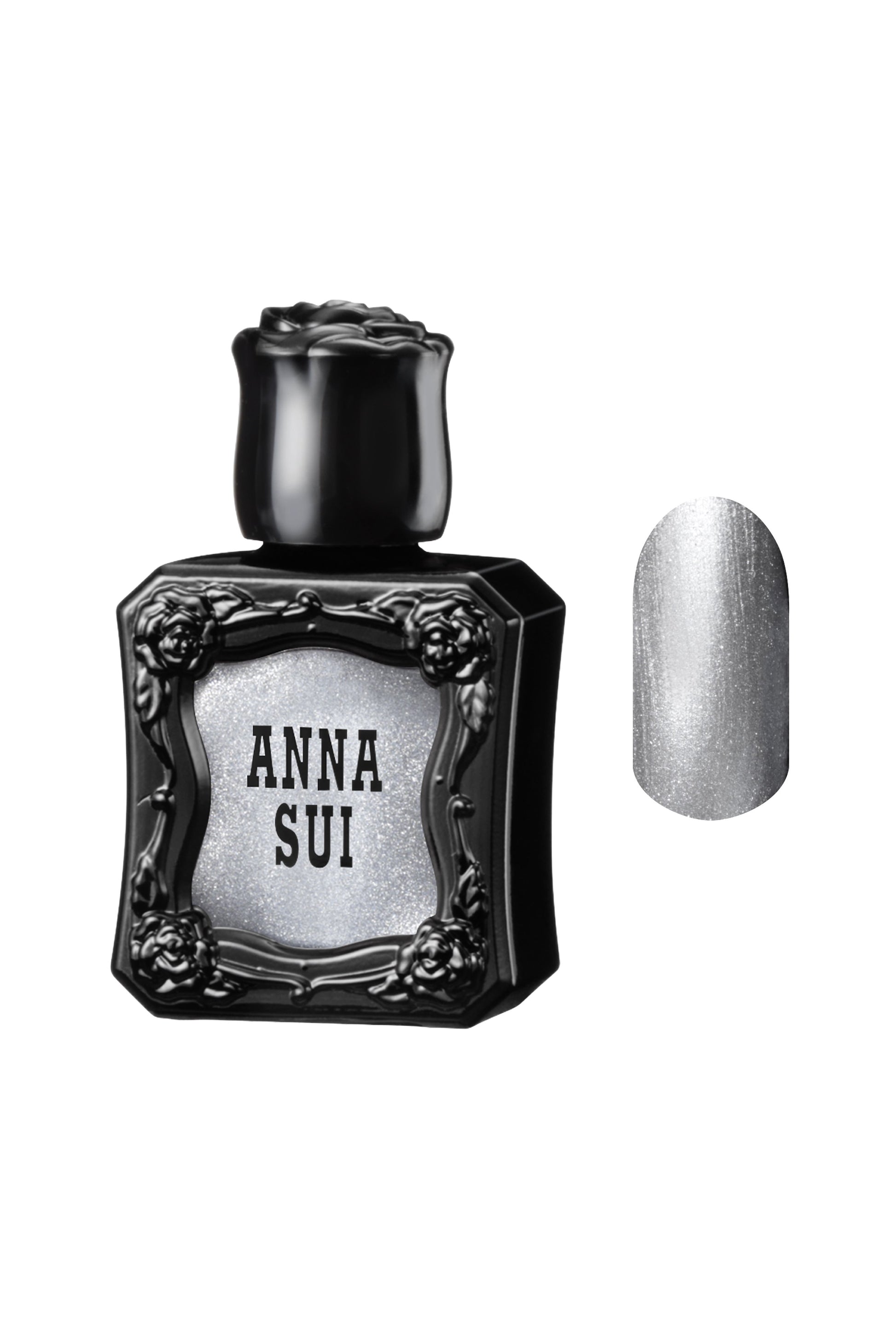 METALLIC SILVER Nail Polish bottle raised rose pattern, Anna Sui in black over nail colors in front