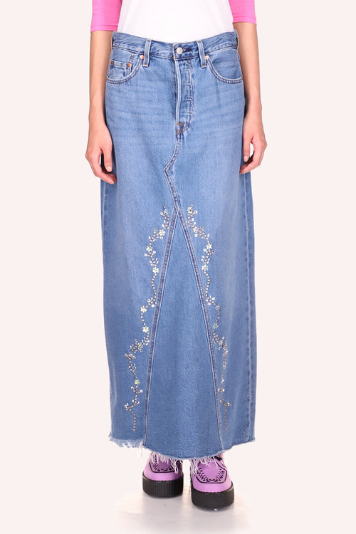 Embroidered Denim Skirt, large V-shaped stiches and Embroidered  silver and golden color like a floral design