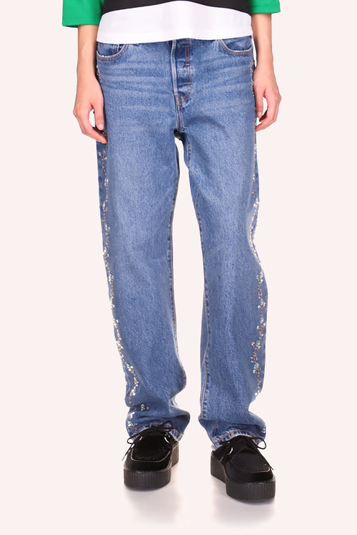 Anna Sui Denim Jeans with Embroidered pattern on each side, 2 pockets, zipper in front