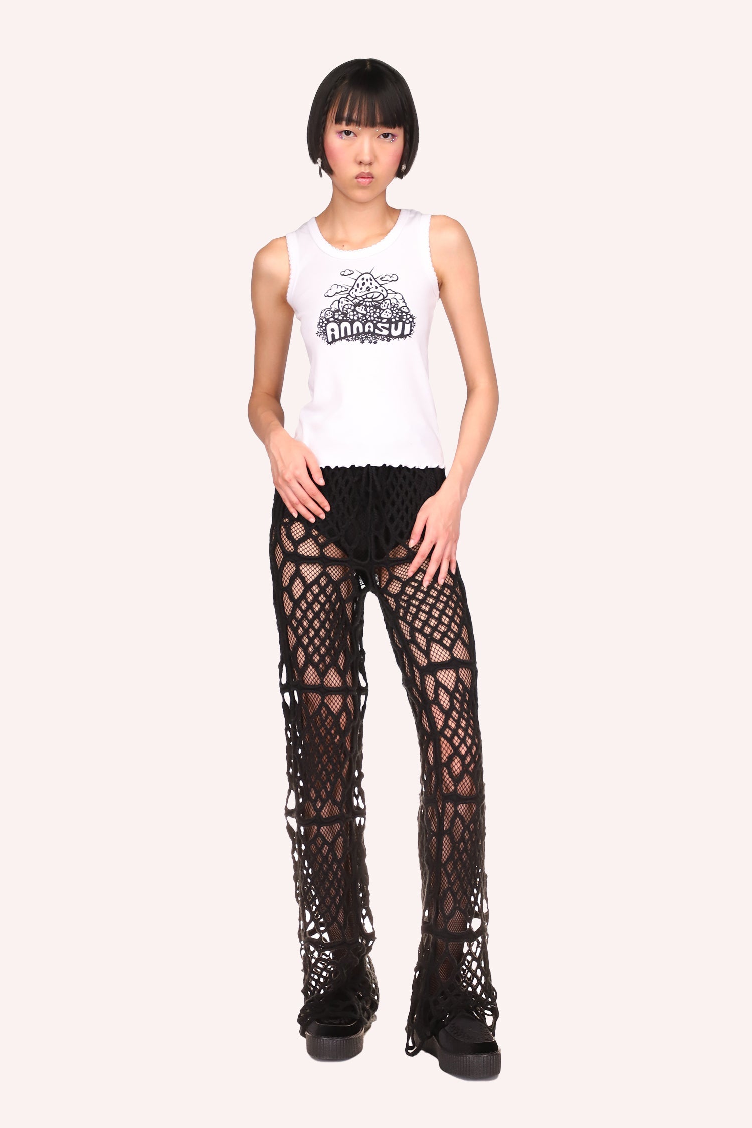 Hand-Crochet Diamond Pants Black can be worn with any of the Anna Sui tops