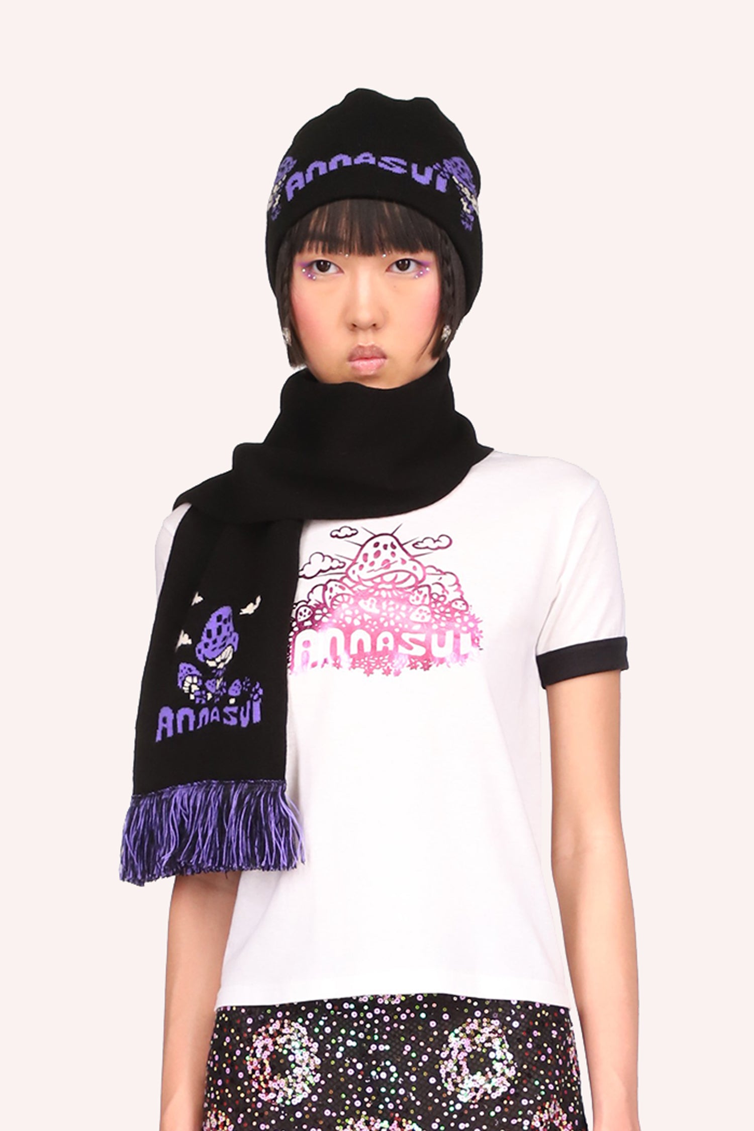 Mushroom Foil Tee, white tee, black edges on collar and arms, Anna Sui logo in pink under a large Mushroom