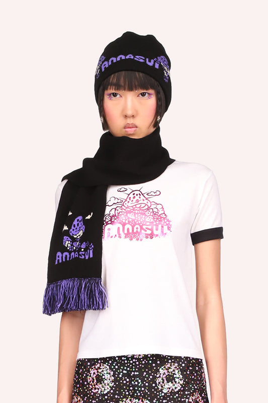 Mushroom Foil Tee, white tee, black edges collar & arms, pink Anna Sui logo under a Mushroom