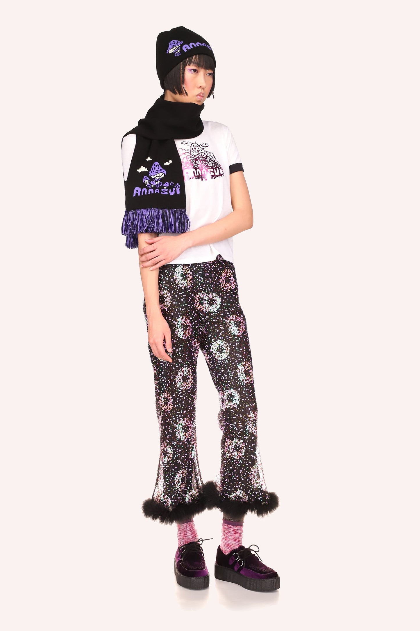 Black Mushroom Beanie, a large purple design with Anna Sui between two large mushrooms