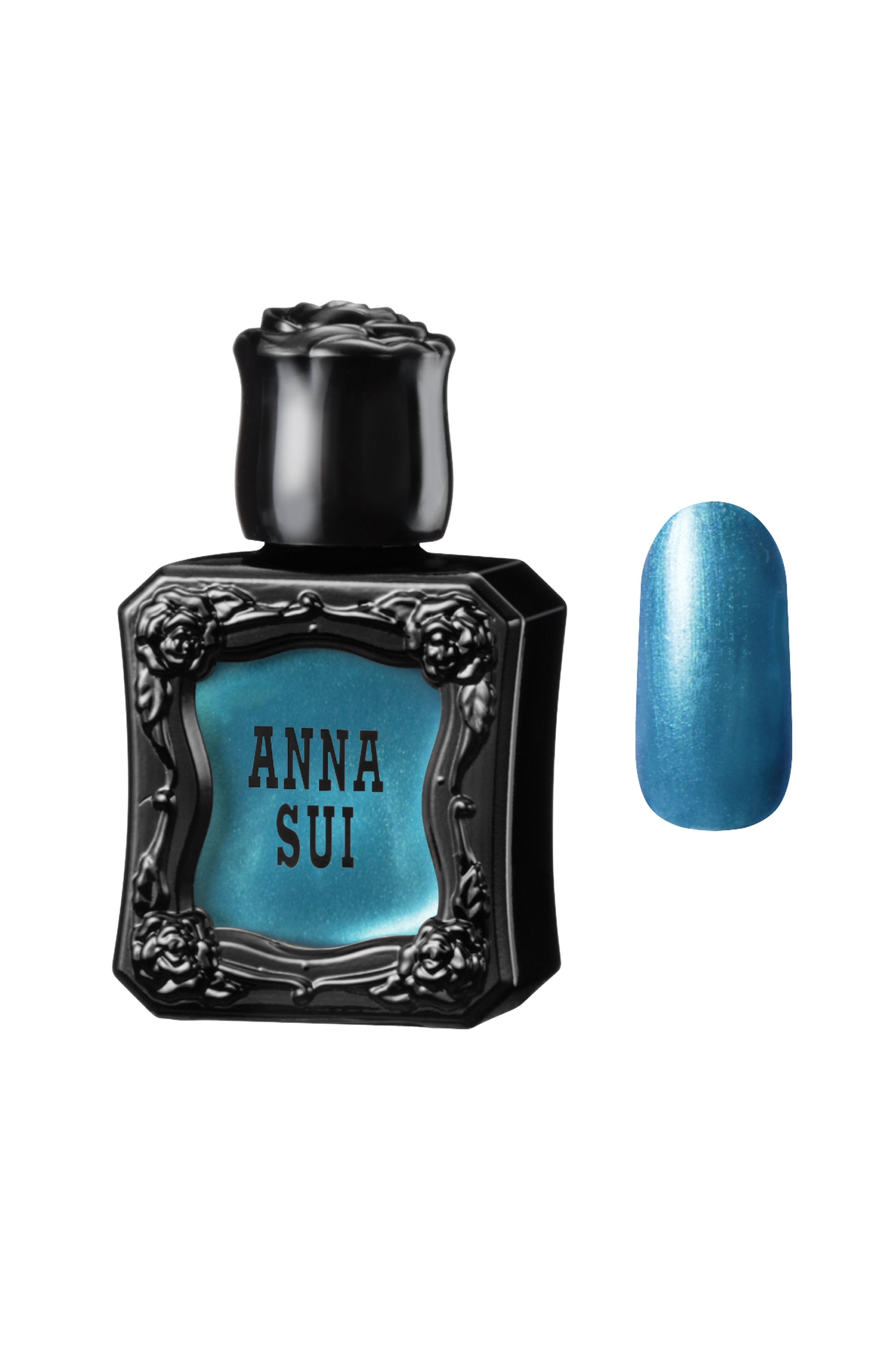 DEEP BLUE Nail Polish bottles, with raised rose pattern, Anna Sui in black over nail colors in bottle front