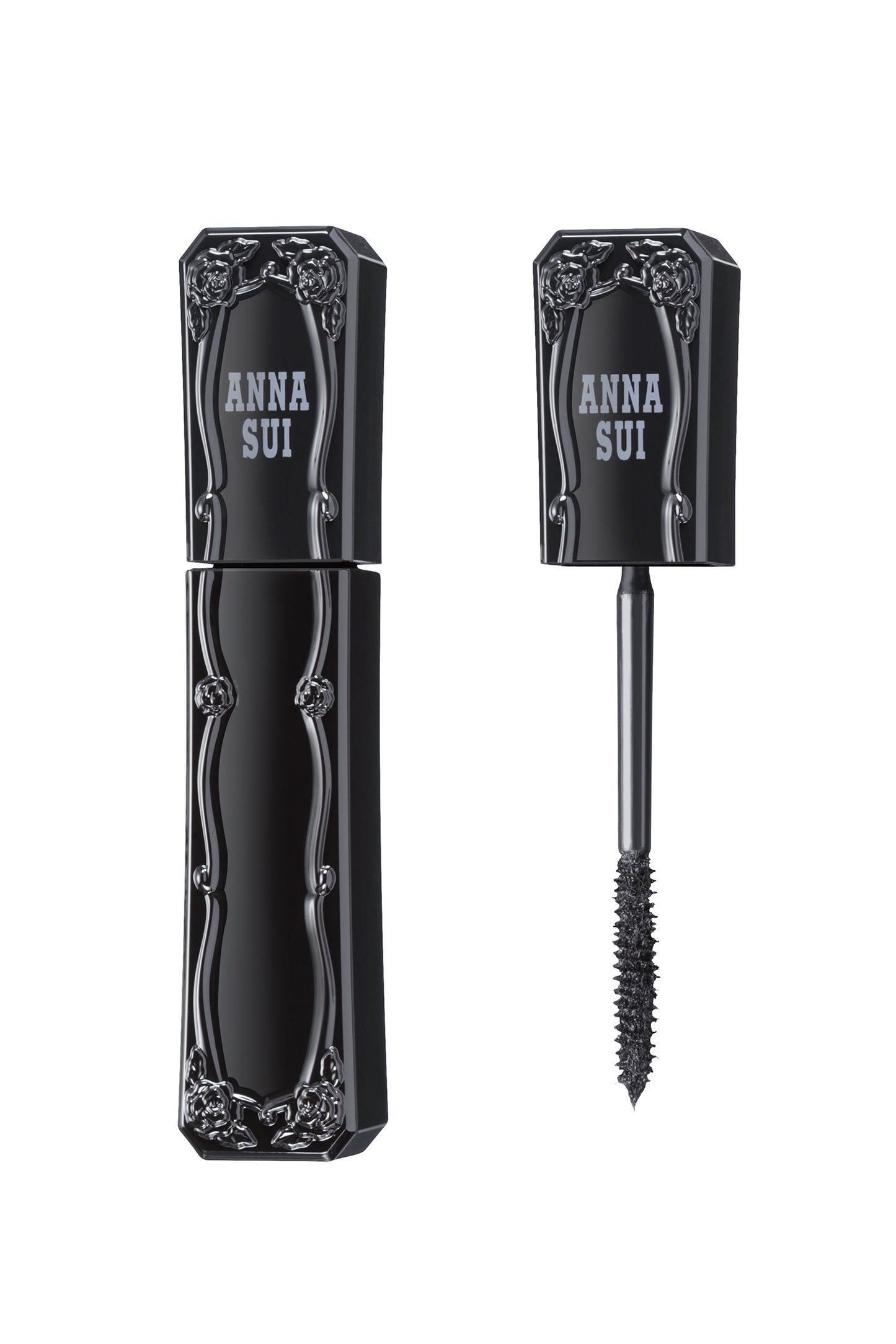 Inspired by Anna Sui fragrance bottle, black container with raised rose pattern, Anna Sui in white.