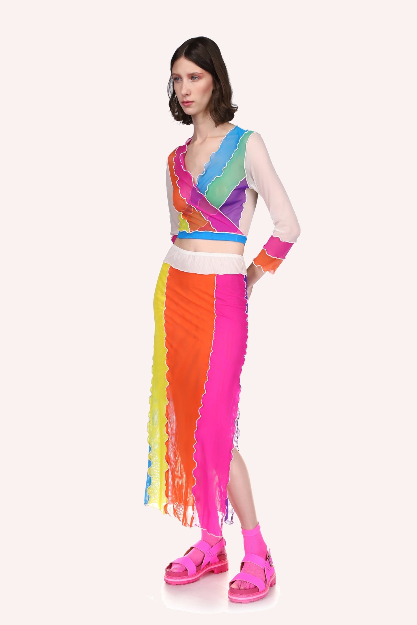 Mesh Rainbow Skirt, ankles long, transparent, slit on the left up to knee, white belt line