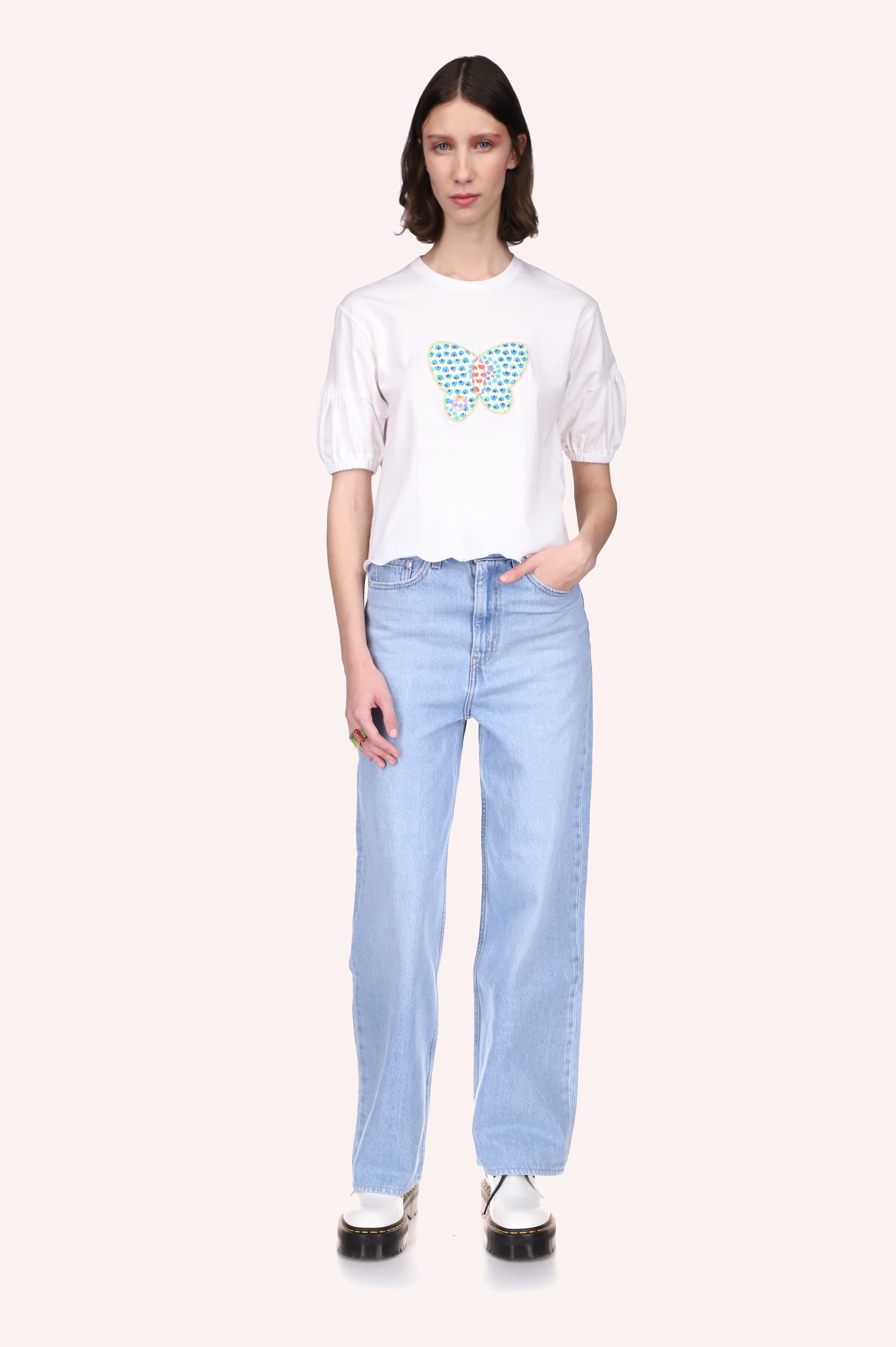 Deco Butterfly Tee white tee, short sleeves at elbow with an elastic band
