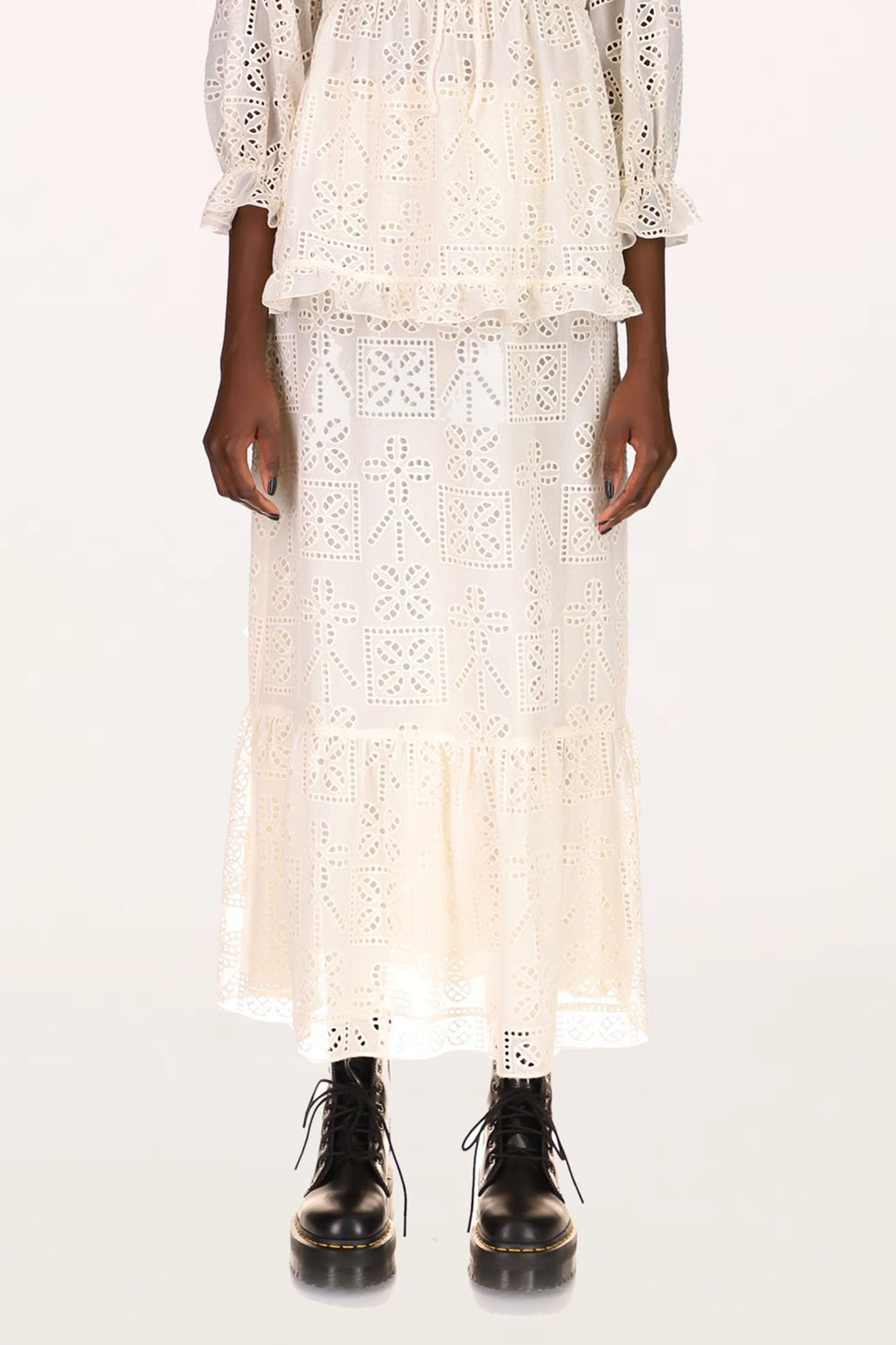 Aesthetic Eyelet Skirt Cream, ankles long, stylized flowers with cutouts, and dotted cutouts lines