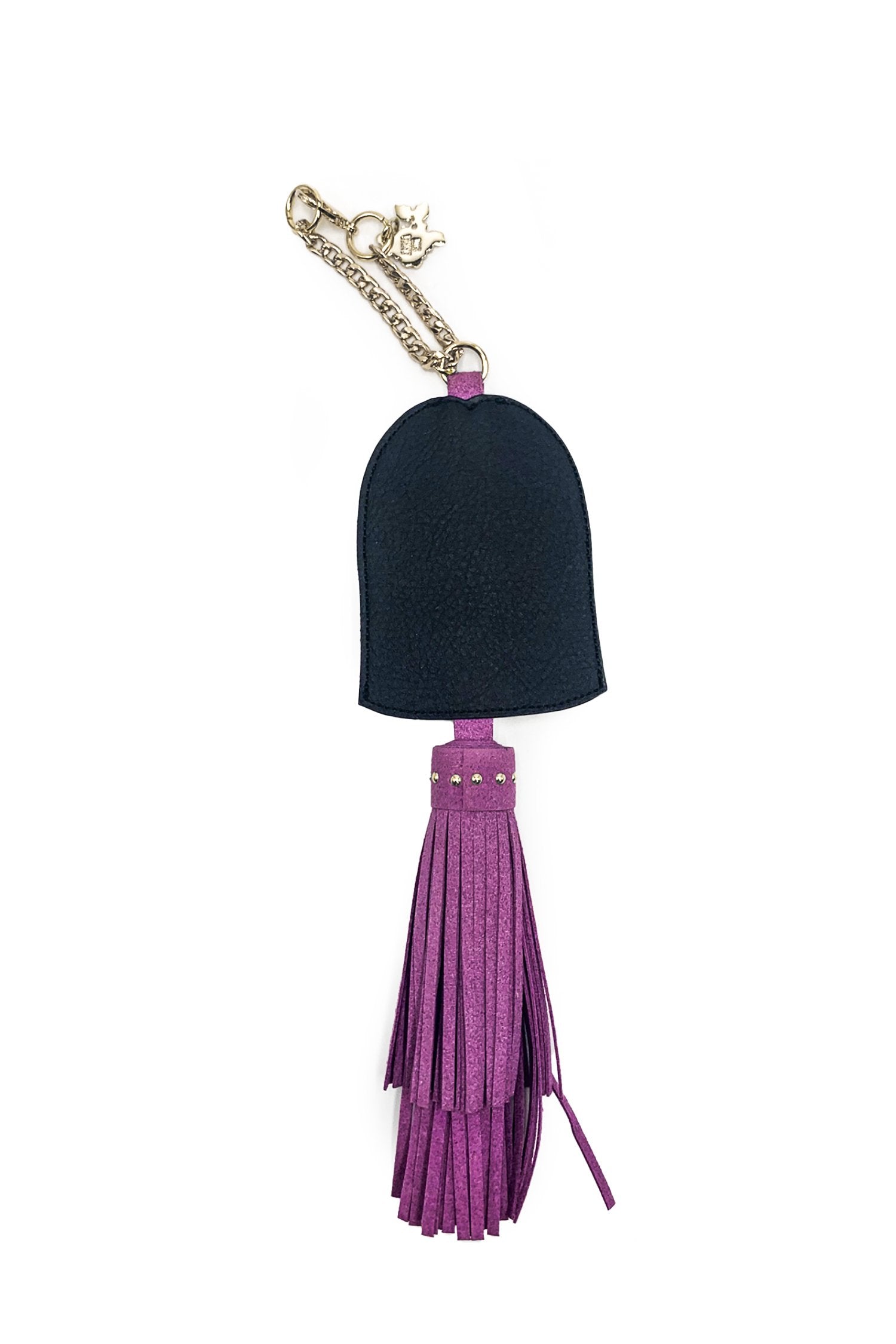 Anna Sui Face Charm, chain to attach on mini bag, black hair, body is in small purple leather strips