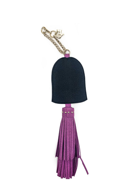 Anna Sui Face Charm, chain to attach on mini bag, black hair, body is in small purple leather strips