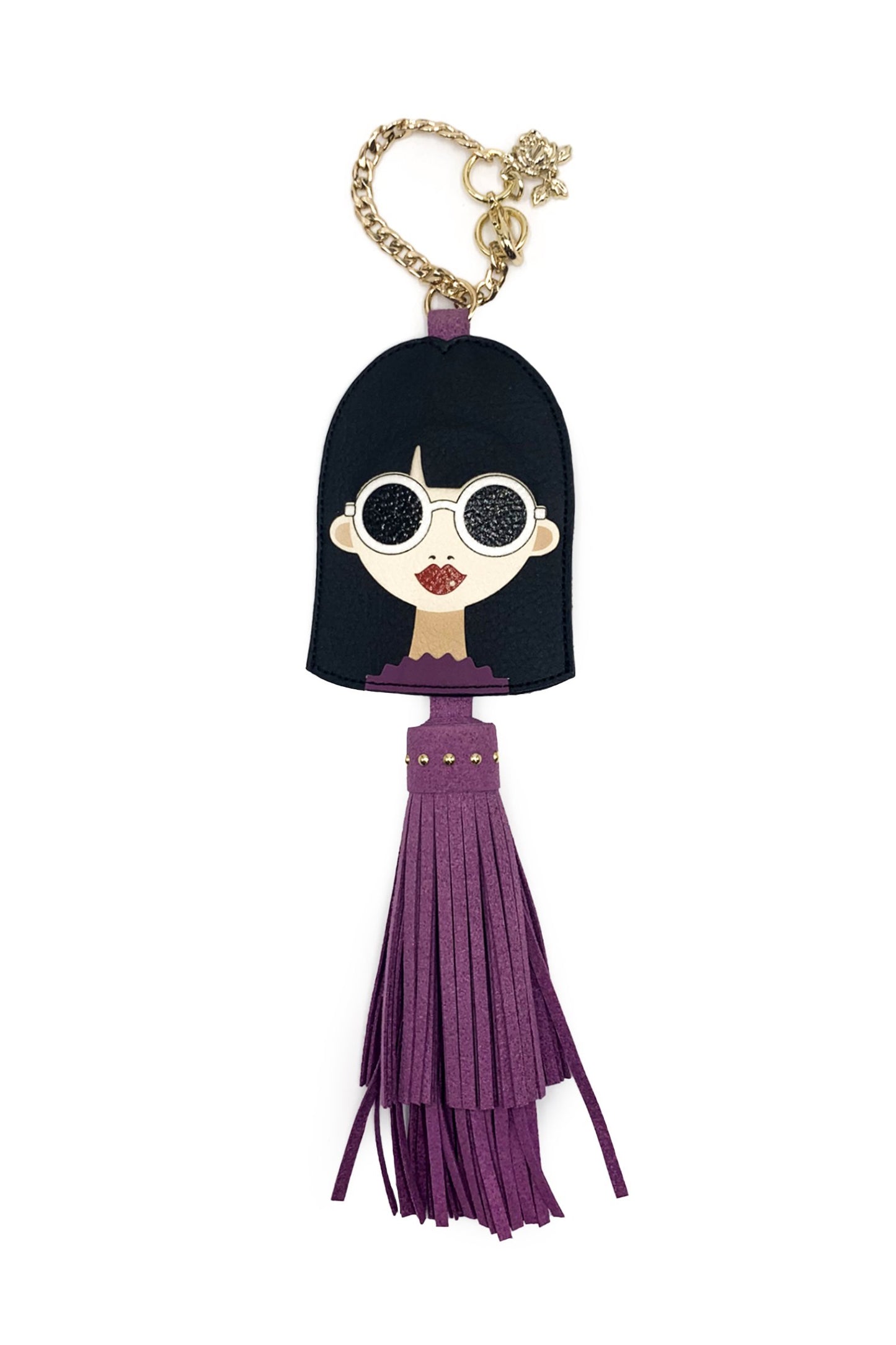 Face Charm, Golden chain, pretty face, black hair, glasses, red lipstick, small purple leather strips body