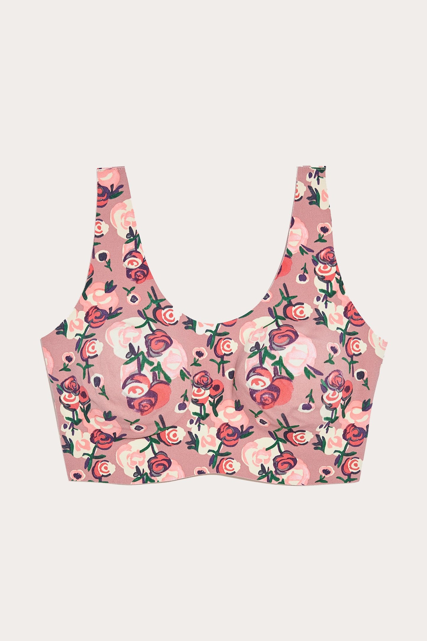 Anna Sui x Knix Lift Pullover Bra, dark rose, pattern of light and darkener pink roses with green
