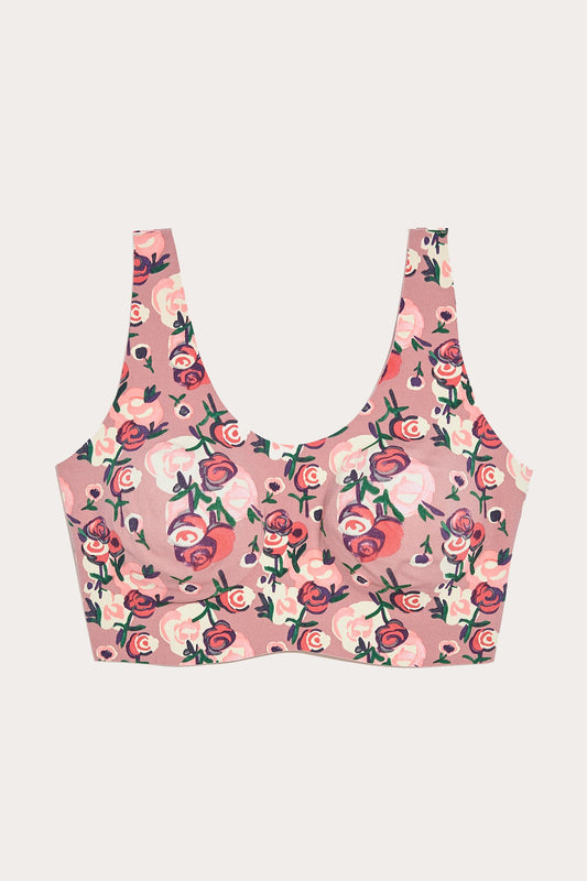 Anna Sui x Knix Lift Pullover Bra, dark rose, pattern of light and darkener pink roses with green