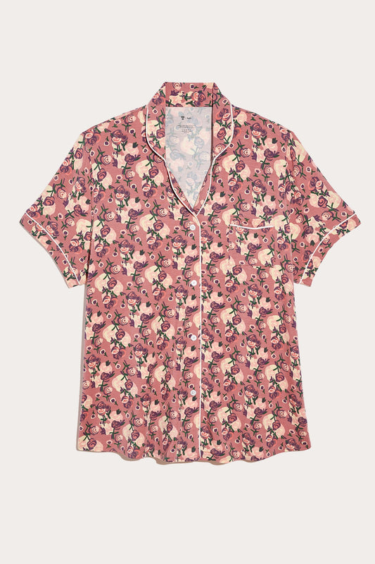 Anna Sui and Knix Sleep Top featuring a Rose Bouquet design, short sleeves, 4 buttons, collar with white hem, left pocket