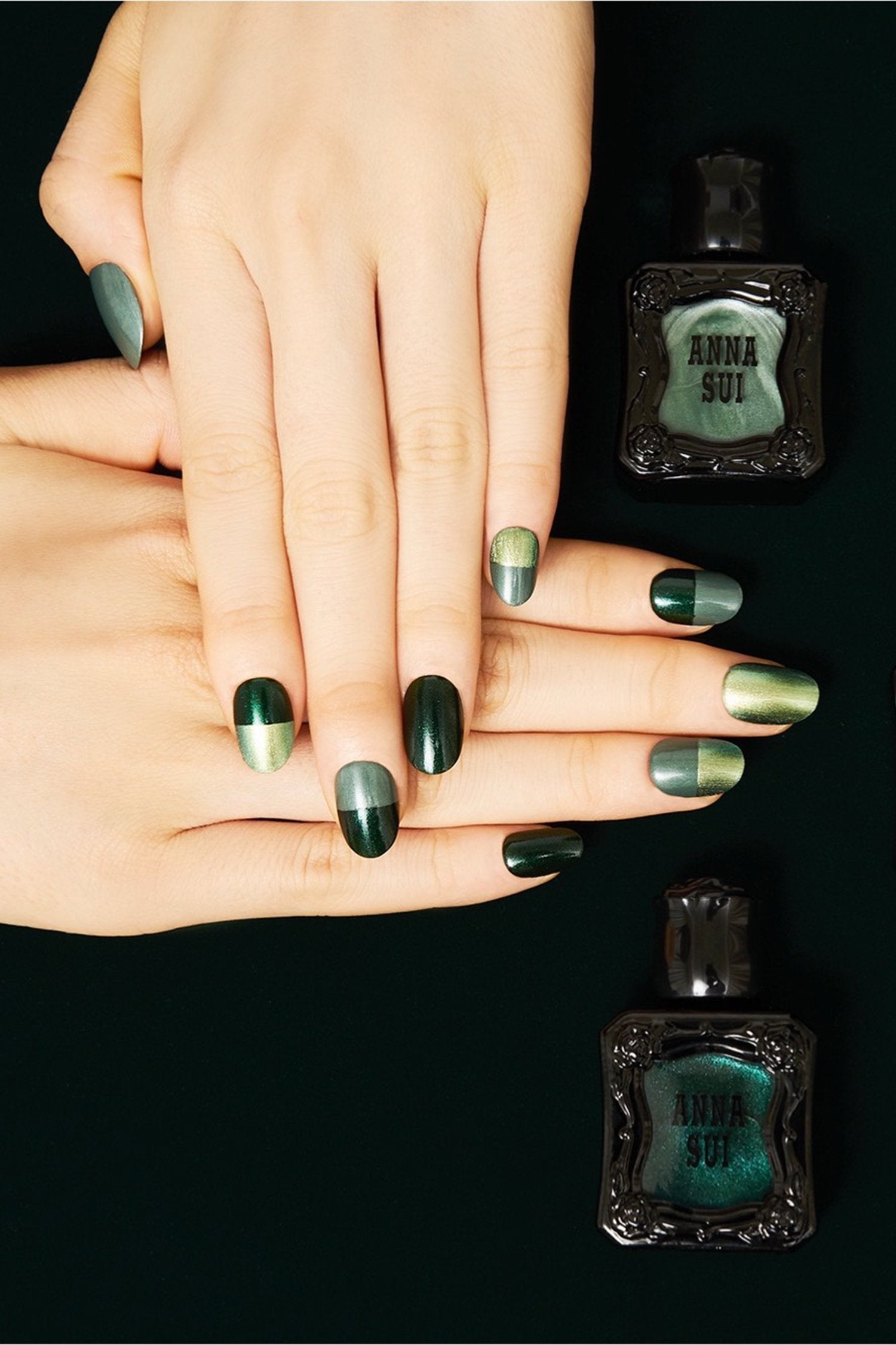 Hands with Nail Polish half and half, METALLIC PISTACHIO, BAMBOO GREEN, black containers