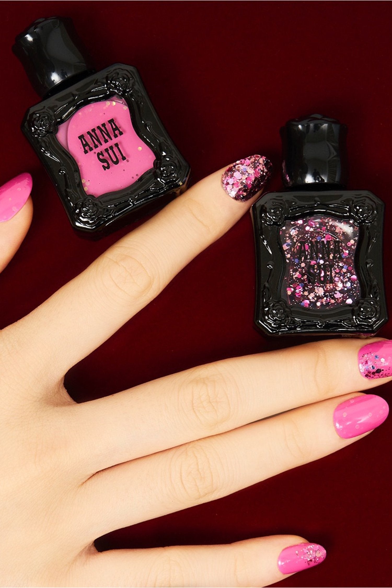 Hand with Nail Polish POPPING BERRY color, Inspired by the Anna Sui fragrance bottle, black container