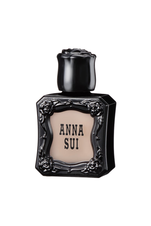 In a black bottle container with raised rose pattern, natural beige tone conceals discoloration and helps to harden nails 