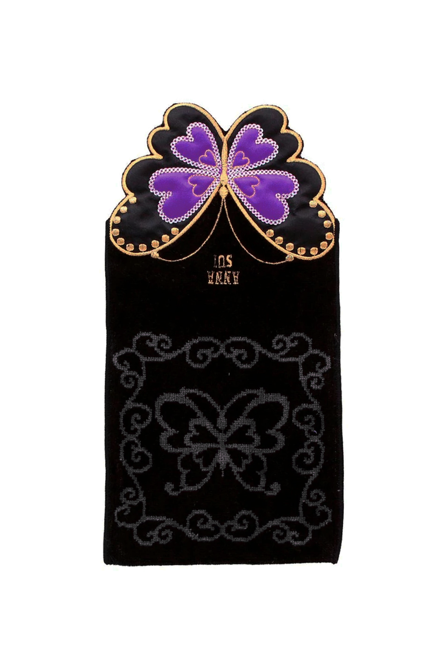 Open Black Pocket Washcloth, black/purple, golden border cut-out butterfly, Anna Sui gold label above