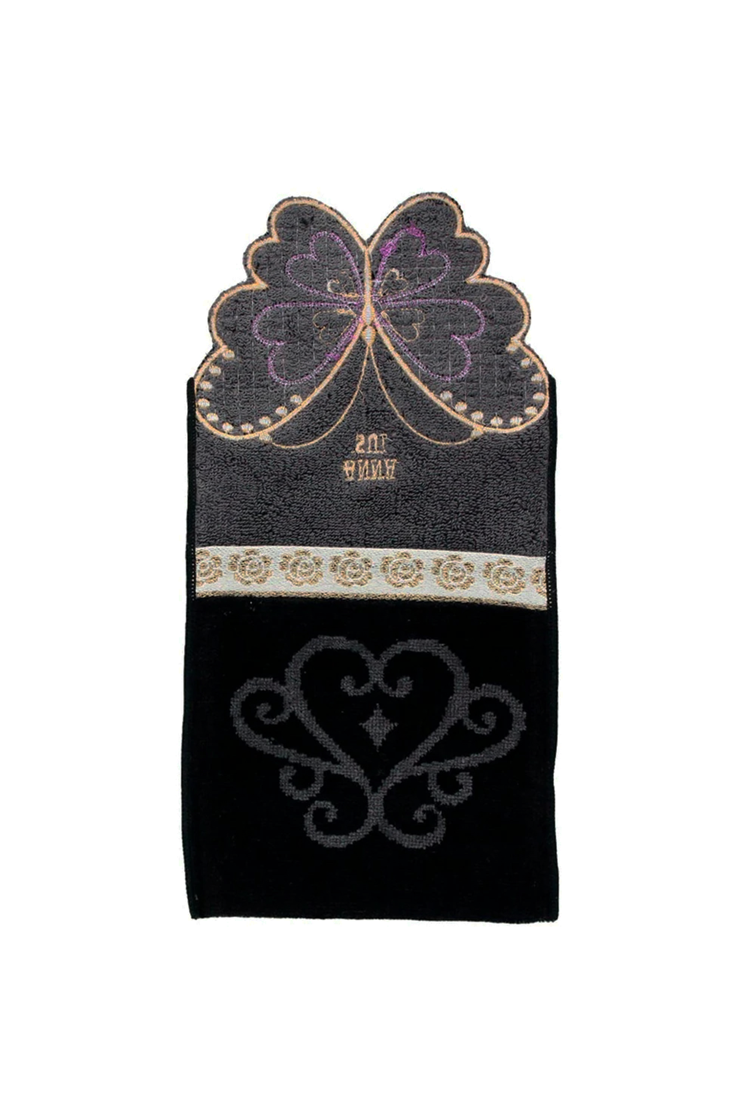 Reverse side Black Pocket Washcloth, cut-out butterfly, Anna Sui label, golden floral line, floral design 