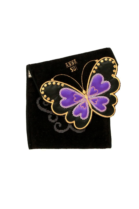 Black Pocket Washcloth, black/purple, golden border cut-out butterfly, Anna Sui gold label above