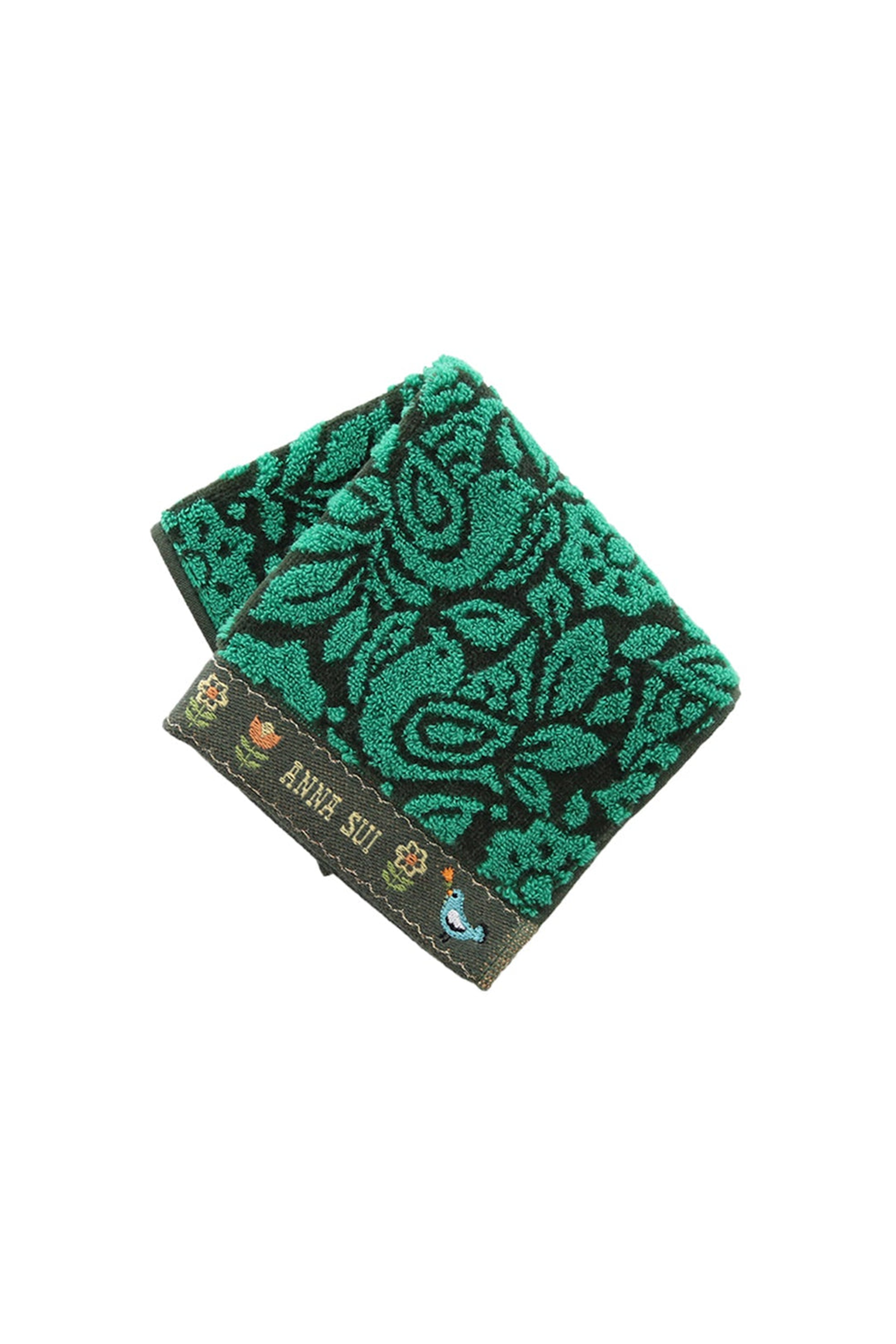 Birds of Paradise Washcloth, green border bottom with Anna Sui label, a blue bird, line of flowers
