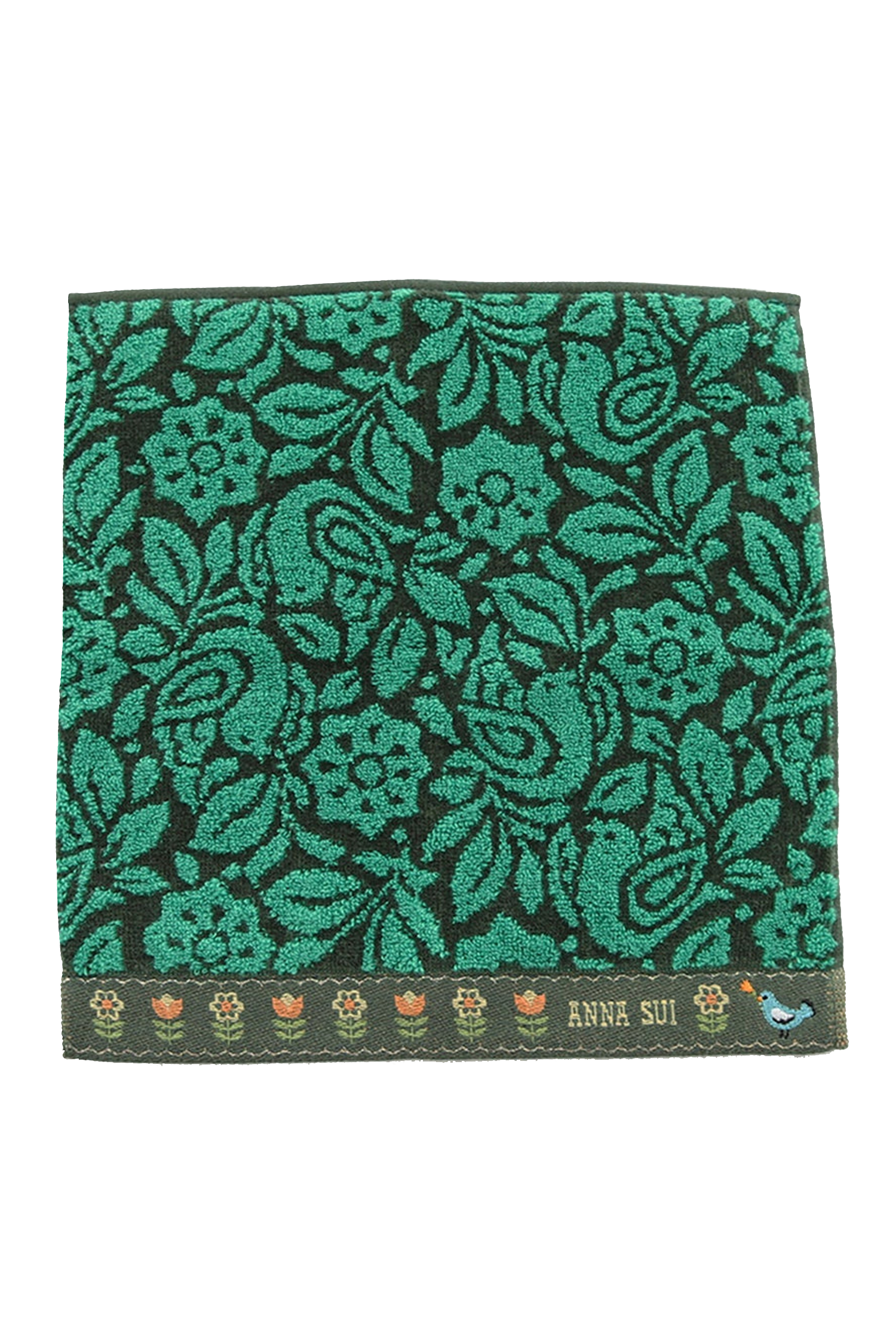 Washcloth, green, with birds floral design, border bottom with Anna Sui label, a bird, line of flowers