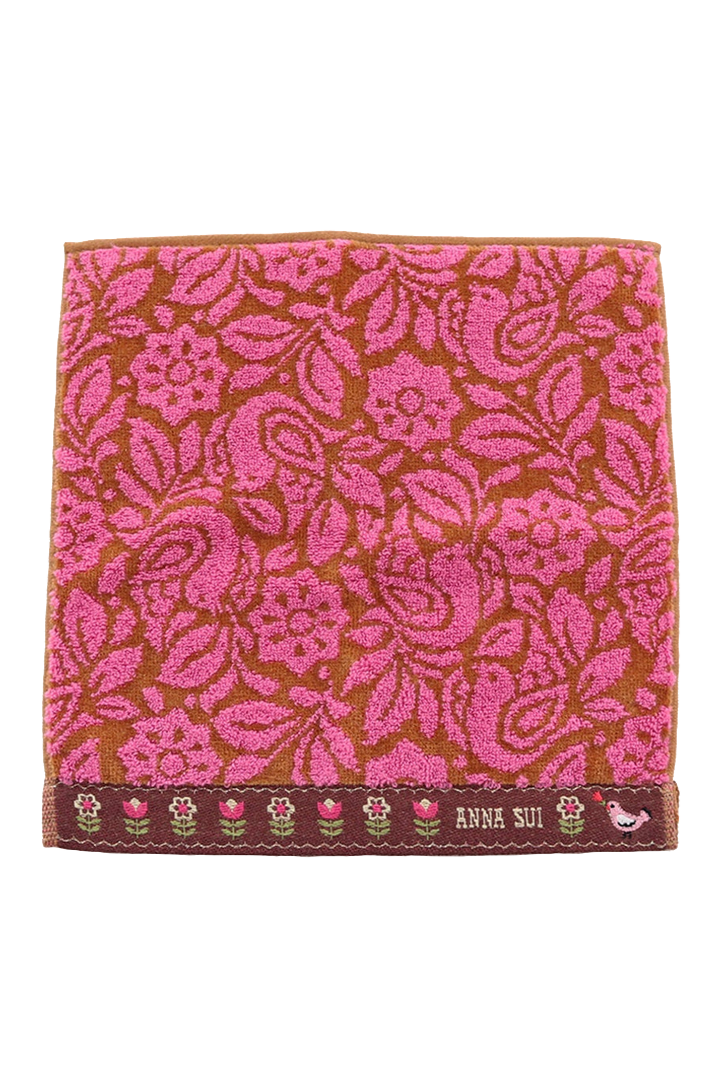 Washcloth, pink/orange, with floral design, border bottom with Anna Sui label, a bird, line of flowers