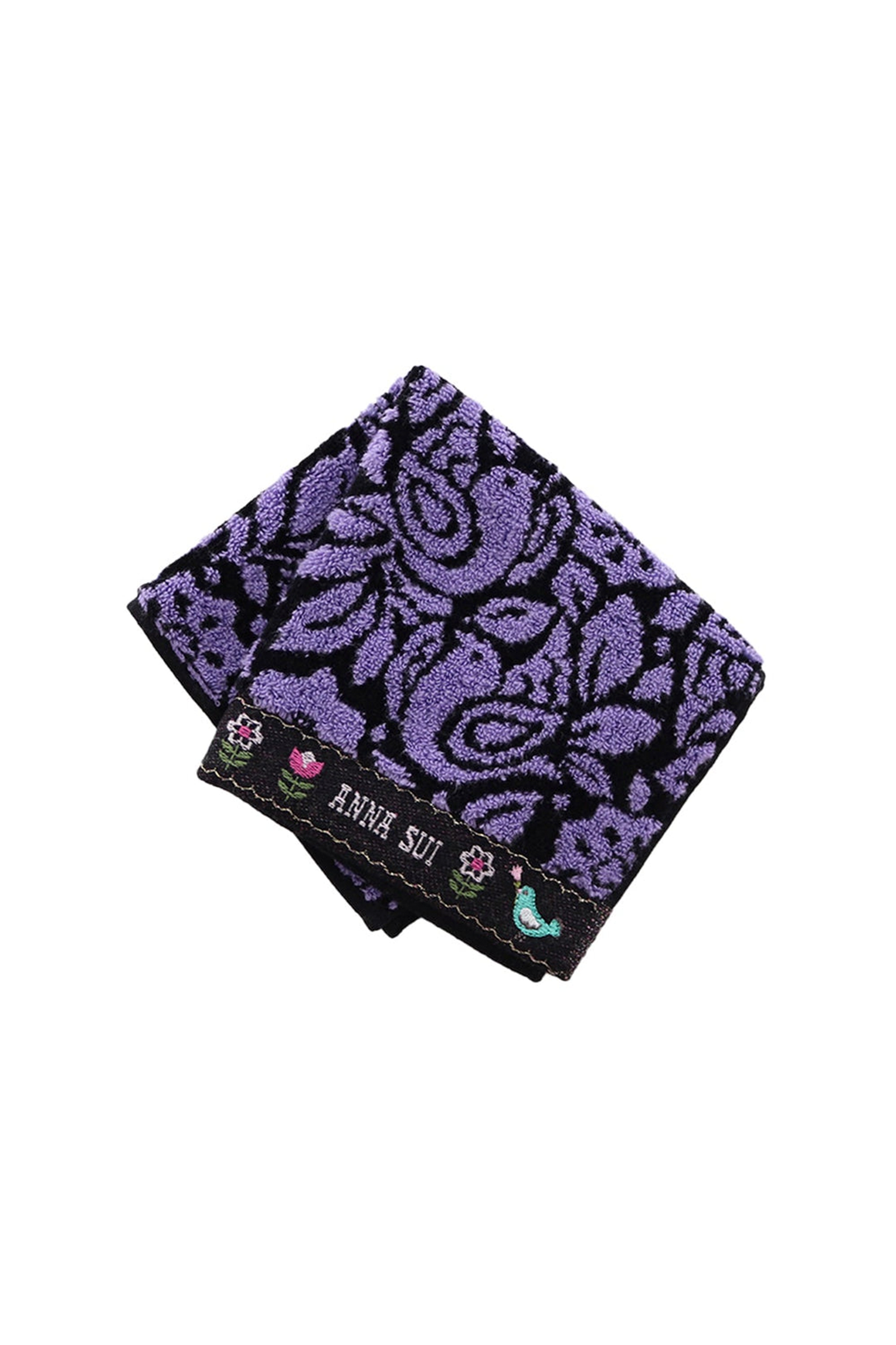 Birds of Paradise Washcloth, black border bottom with Anna Sui label, a blue bird, line of flowers