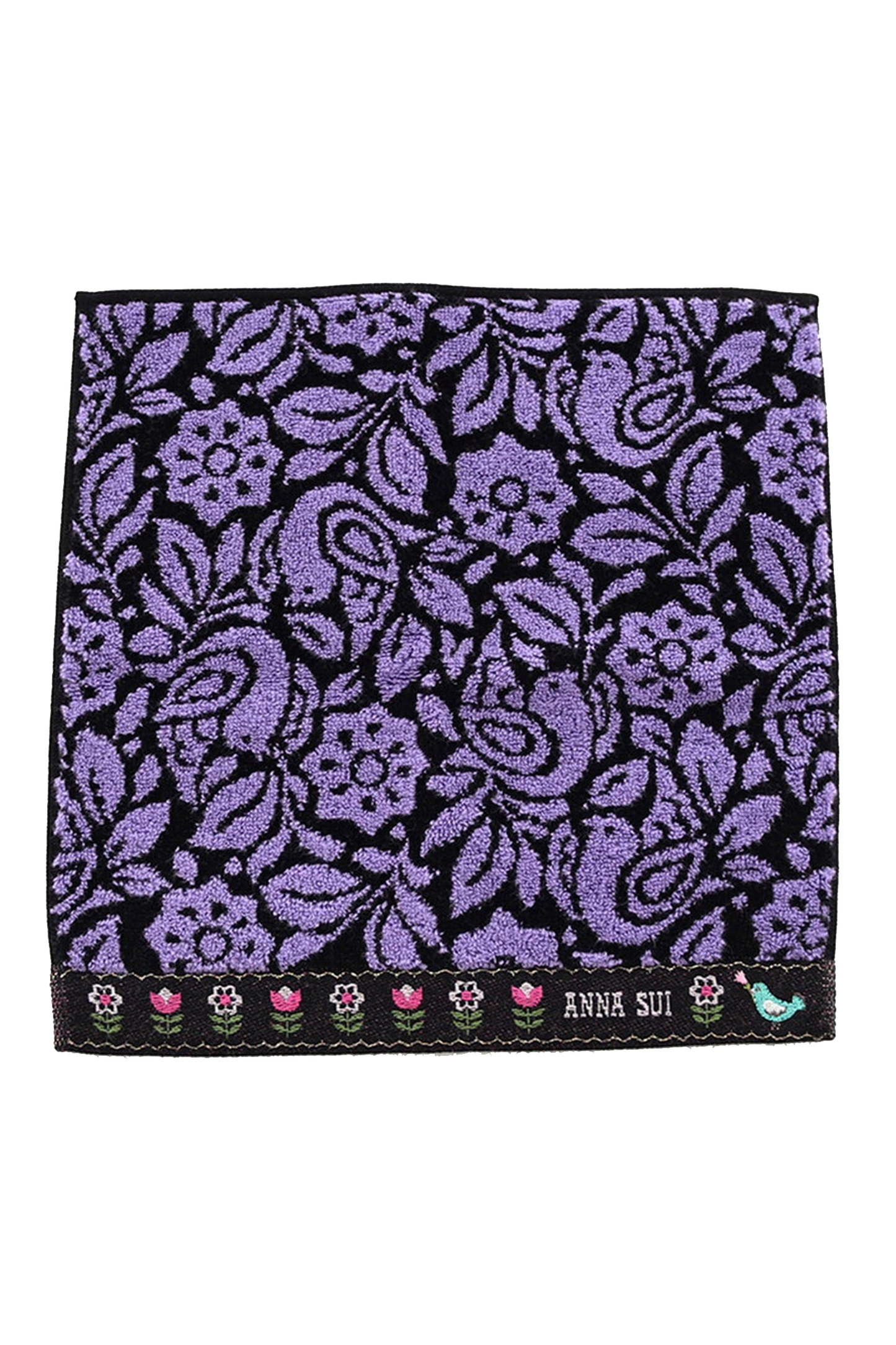 Washcloth, purple, with birds/floral design, border bottom with Anna Sui label, a bird, line of flowers