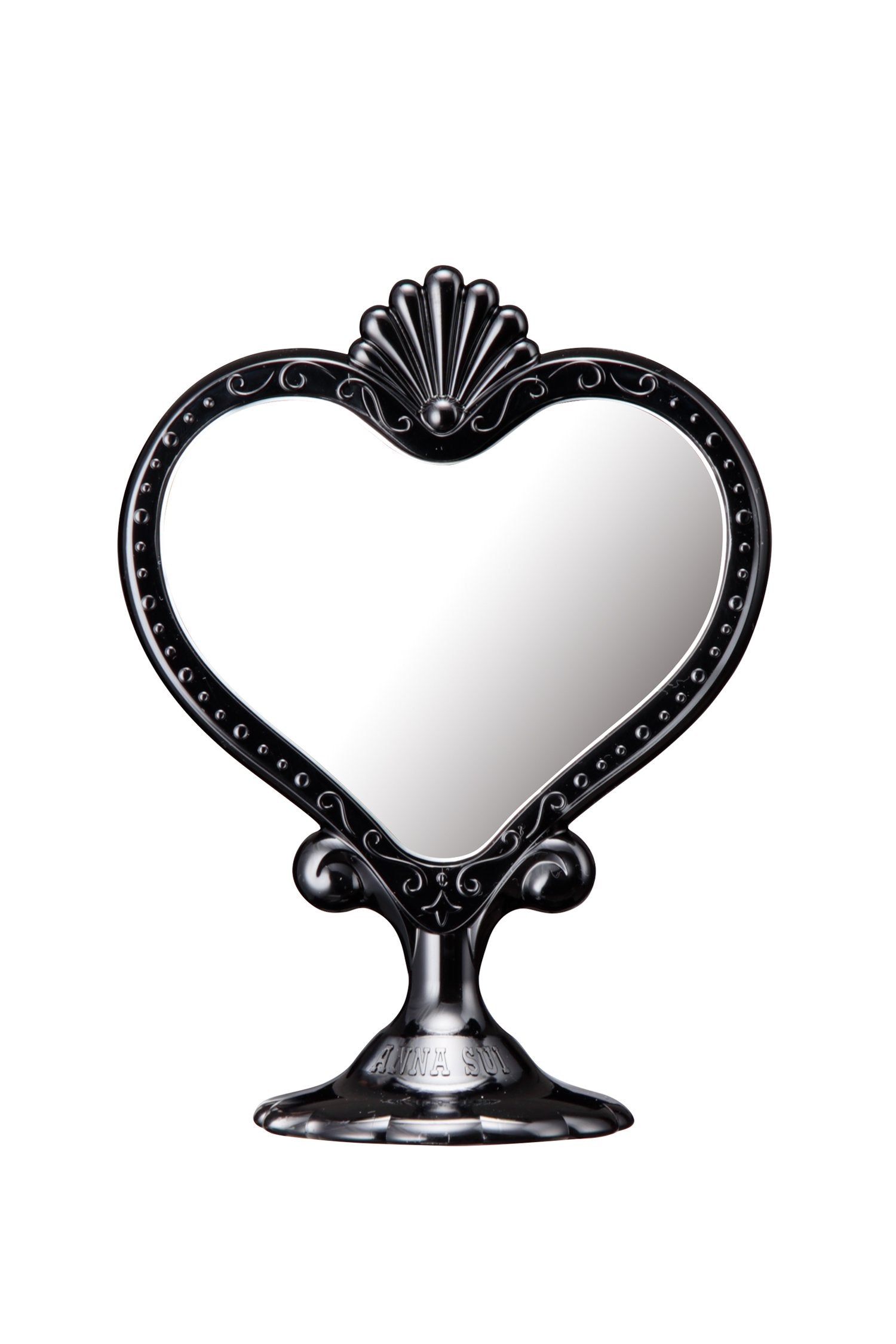 Specchio nero da appoggio in uno specchio a forma di cuore, su un supporto con marchio Anna
