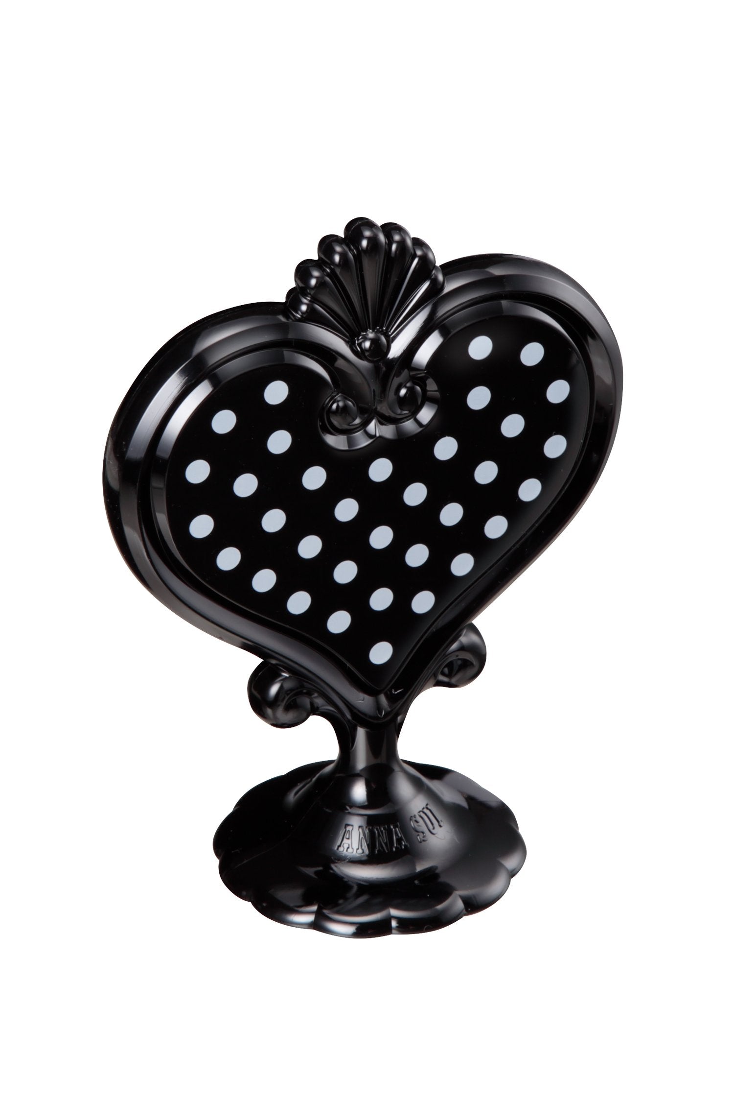  Black Stand Mirror in a heart-shaped with white dots in it on one side, mirror on the other, on a stand with Anna branding