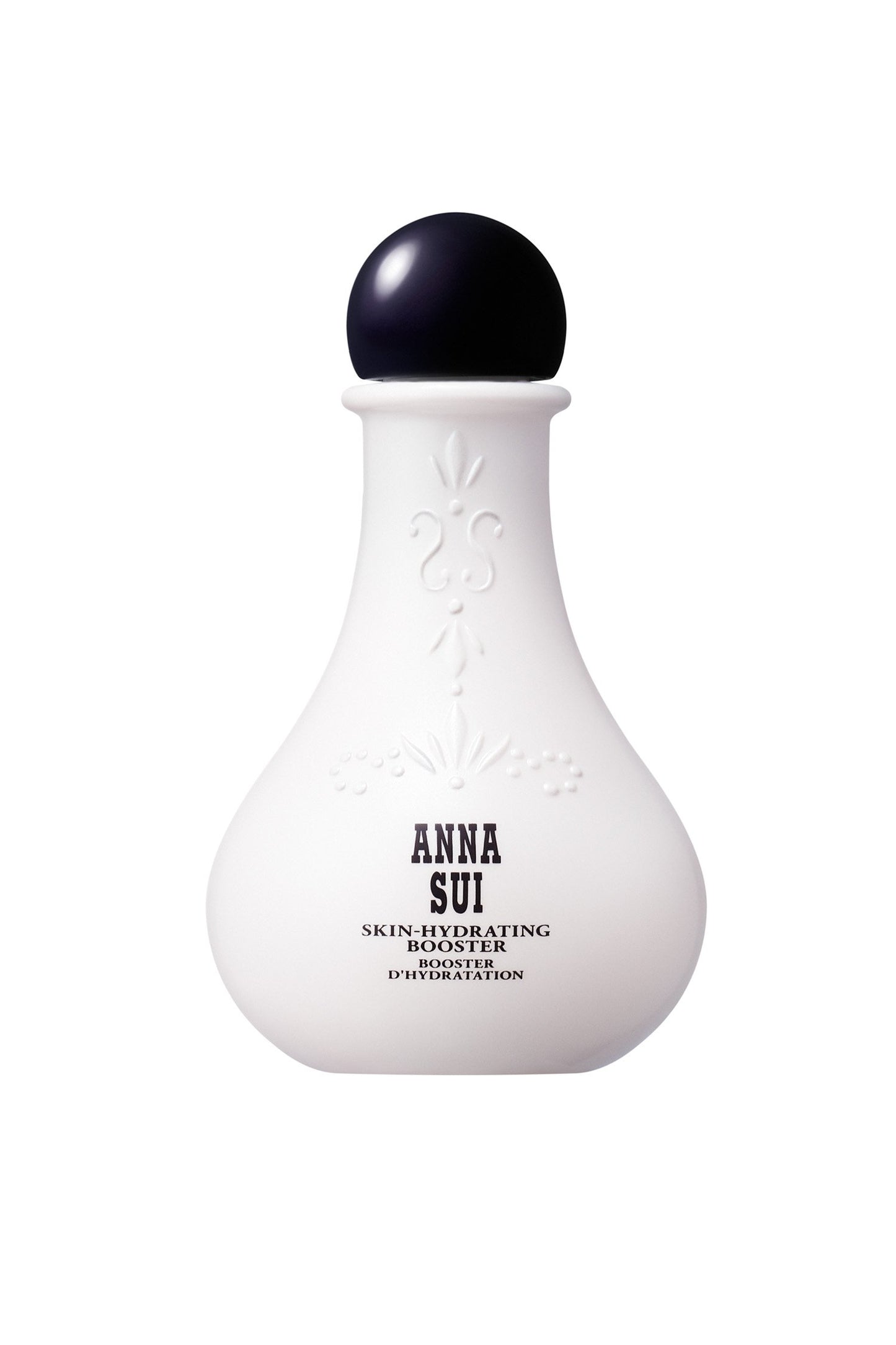 Booster in a white, bulb-shaped container, floral design & Anna branding, a round black cap on top